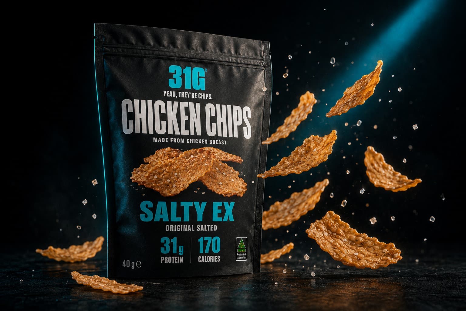 Chips suspended mid-air in a beam of light beside the pack